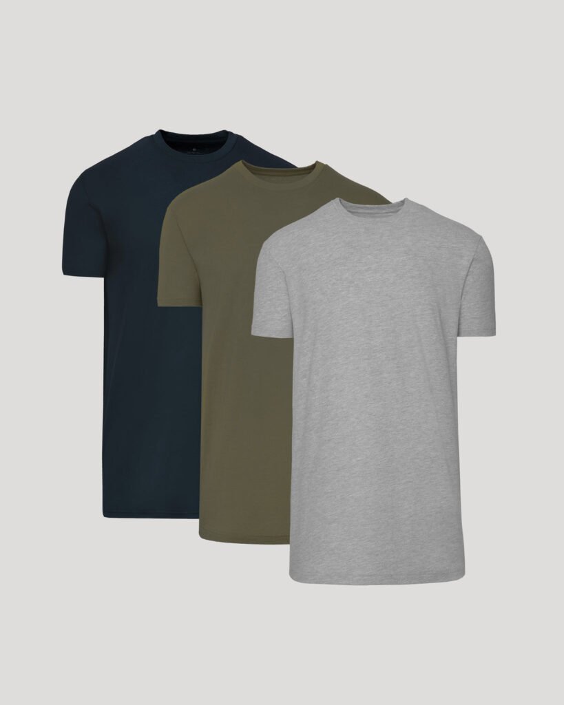 Lot de 3 T-shirts col rond Classiques coupe longue – Marine, Vert militaire, Gris chiné